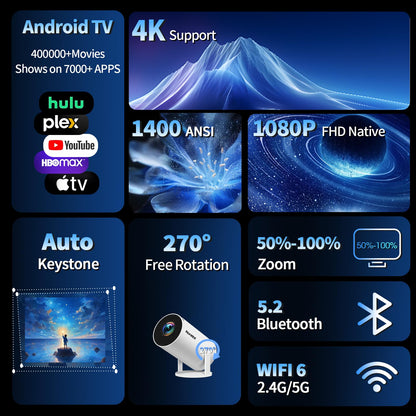 [2026 Upgraded] Mini Projector Support 4K 1080P FHD Auto Keystone 270° Rotatable with WiFi 6 and Bluetooth 5.2 Projector Portable Compatibile with HDMI/TV Stick/Memory Stick/Laptop,White 🍁 All In One Marketplace Canada
