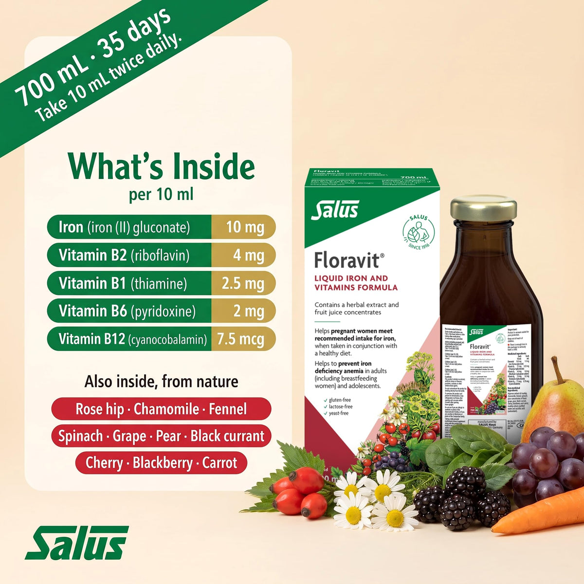 Salus Floravit Liquid Iron and Vitamins | Herbal Iron Supplement for Women, Men, and Children | Gluten-Free, Yeast-Free, Non-Dairy, Non-GMO (700 ML)