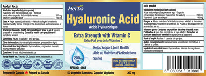Herba Hyaluronic Acid Supplement 200mg - 100 Capsules | 100% Purity Hyaluronic Acid Capsules with Vitamin C to Support Joint and Bone Health | Made in Canada 🍁 All In One Marketplace Canada
