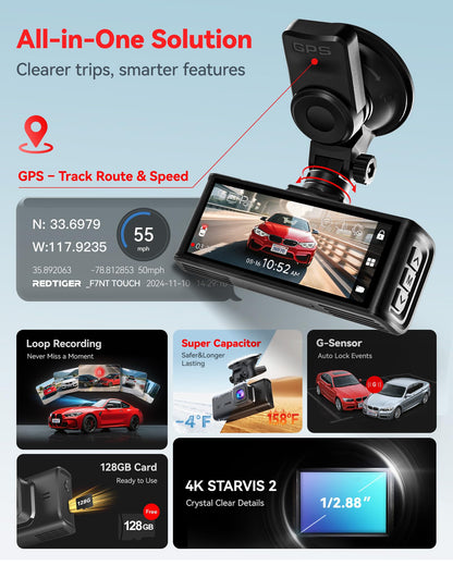 REDTIGER 4K Dash Cam Front and Rear, STARVIS 2 Sensor, Touch Screen 3.18", Voice Control, 20MB/s 5.8GHz WiFi 6 Car DashCam with 128GB Card, GPS, Night Vision, Emergency Lock, Parking Mode(F7N Touch) 🍁 All In One Marketplace Canada
