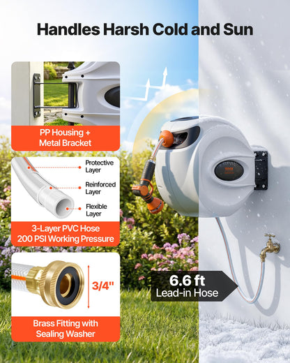 VEVOR Retractable Hose Reel, 100 ft x 1/2 inch, 180° Swivel Bracket Wall-Mounted, Garden Water Hose Reel with 9-Pattern Nozzle, Automatic Rewind, Lock at Any Length, and Slow Return System 🍁 All In One Marketplace Canada
