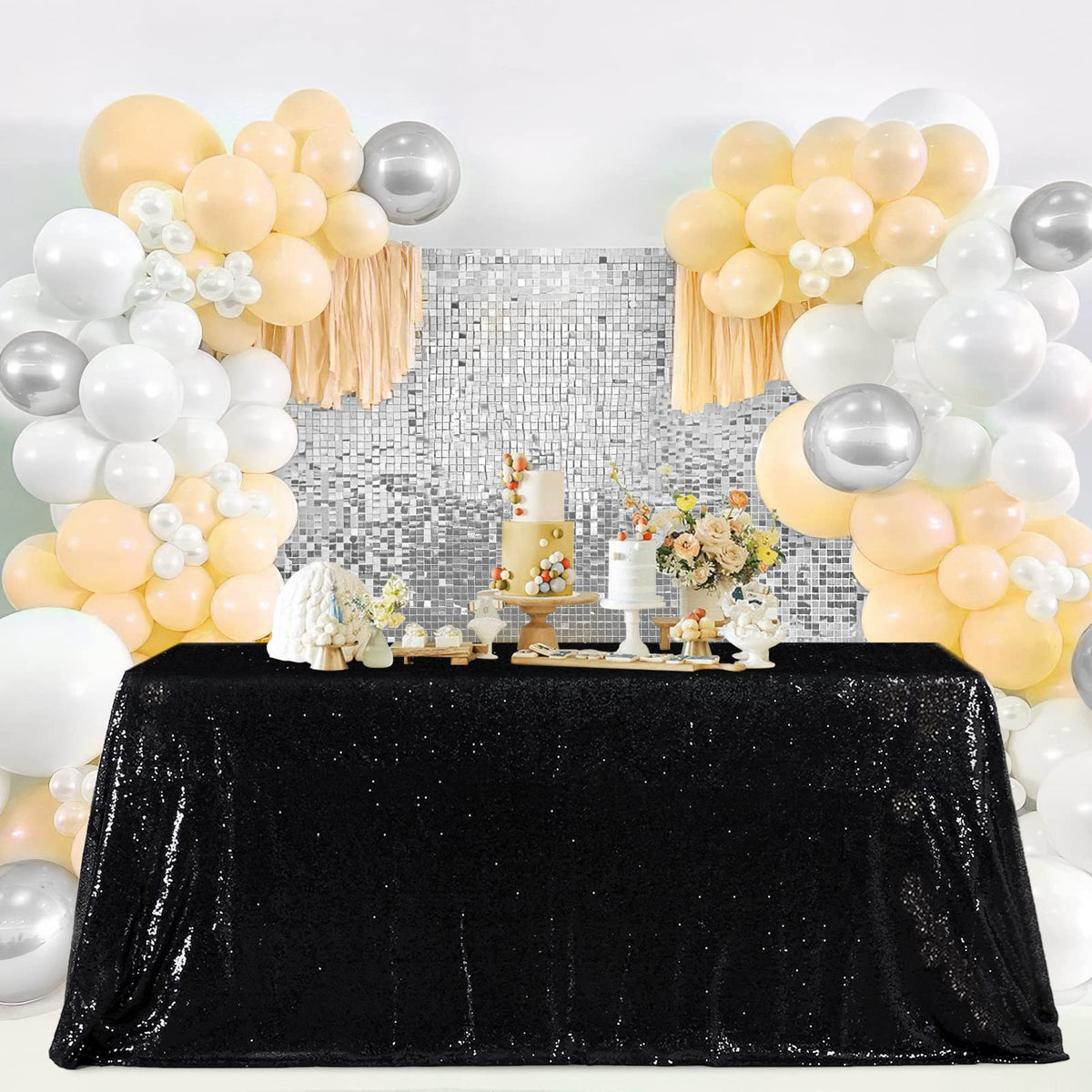SoarDream Black Sequin Tablecloth 90x156 Inch Rectangle Wedding Tablecloth for Birthday Baby Shower Graduation Indoor Outdoor Halloween Party Table Decorations
