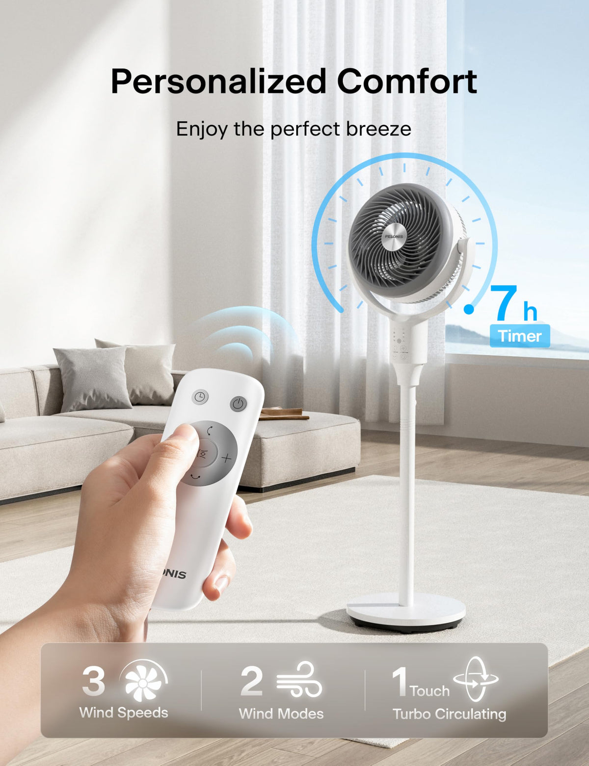 PELONIS Pedestal Fan, Air Circulator, Ultra OmniFlow (135°+90°Auto Oscillation), Quiet Floor Fan with 3 Speeds, Remote, 7H Timer, Memory Function, Adjustable Height, Standing Fan for Bedroom 🍁 All In One Marketplace Canada