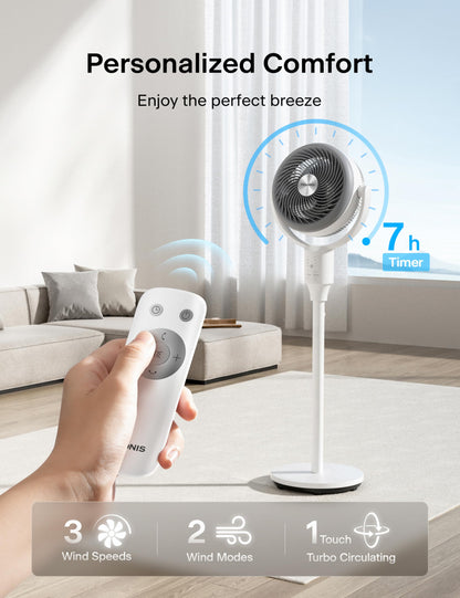 PELONIS Pedestal Fan, Air Circulator, Ultra OmniFlow (135°+90°Auto Oscillation), Quiet Floor Fan with 3 Speeds, Remote, 7H Timer, Memory Function, Adjustable Height, Standing Fan for Bedroom 🍁 All In One Marketplace Canada