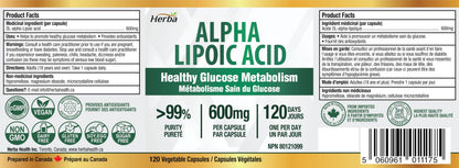 Herba Alpha Lipoic Acid 600mg – 120 Capsules | >99% Ultra Pure | Made in Canada | Blood Sugar Support Supplement 🍁 All In One Marketplace Canada