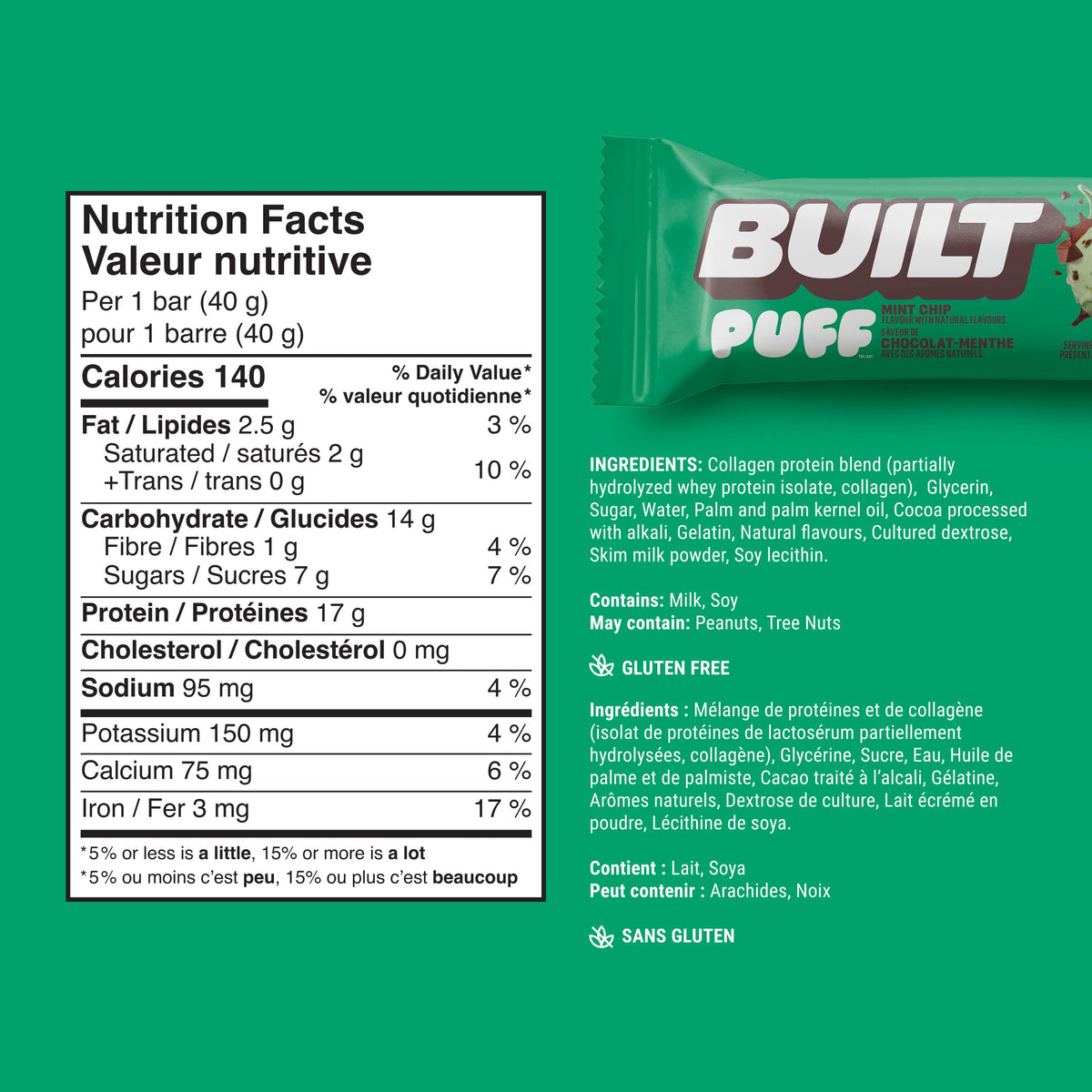 BUILT Puff Protein Bars, Mint Chip, 17g Protein - 12 Count 🍁 All In One Marketplace Canada