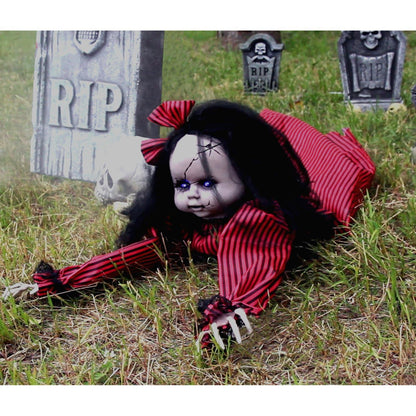 Haunted Hill Farm Scary Haunted Crawling Baby Doll, Halloween Animatronic with Touch Activated Lights and Sound, Battery Operated Indoor or Covered Outdoor Halloween Decorations, Creepy Fright Props
