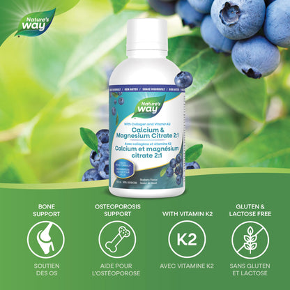Nature's Way Calcium and Magnesium Citrate 2:1 - Liquid Supplement with Vitamin K2 and Collagen – Helps Support the Maintenance of Bones and Teeth – Blueberry Flavour, 500 mL 🍁 All In One Marketplace Canada