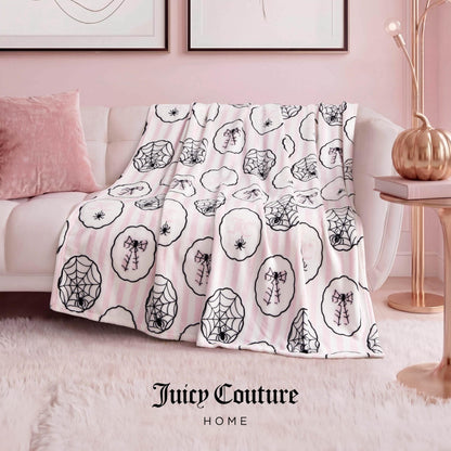 Juicy Couture Spider Stripe Halloween Plush Throw Blanket, Soft Polyester Decorative Throw for Sofa or Bed, Light Pink, 50"x60"