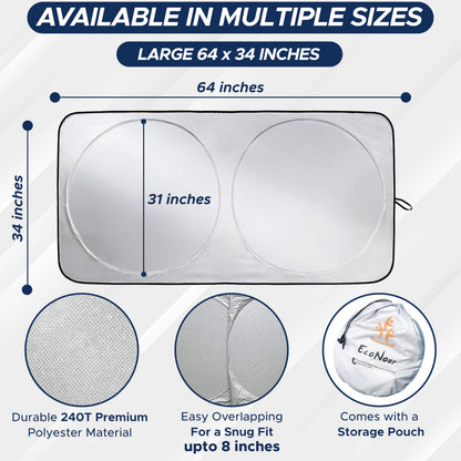 EcoNour Car Windshield Sun Shade with Storage Pouch | Durable 240T Material Car Sun Visor for UV Rays, Sun Heat Protection | Car Interior Accessories for Sun Heat | Medium Plus (64 inches x 34 inches) 🍁 All In One Marketplace Canada