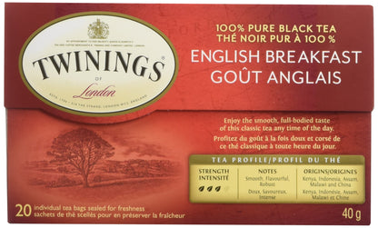 Twinings English Breakfast Individually Wrapped Teabags, Caffeinated, Smooth, Flavourful Black Tea, 20 Count (Pack of 6), Enjoy Hot or Iced 🍁 All In One Marketplace Canada