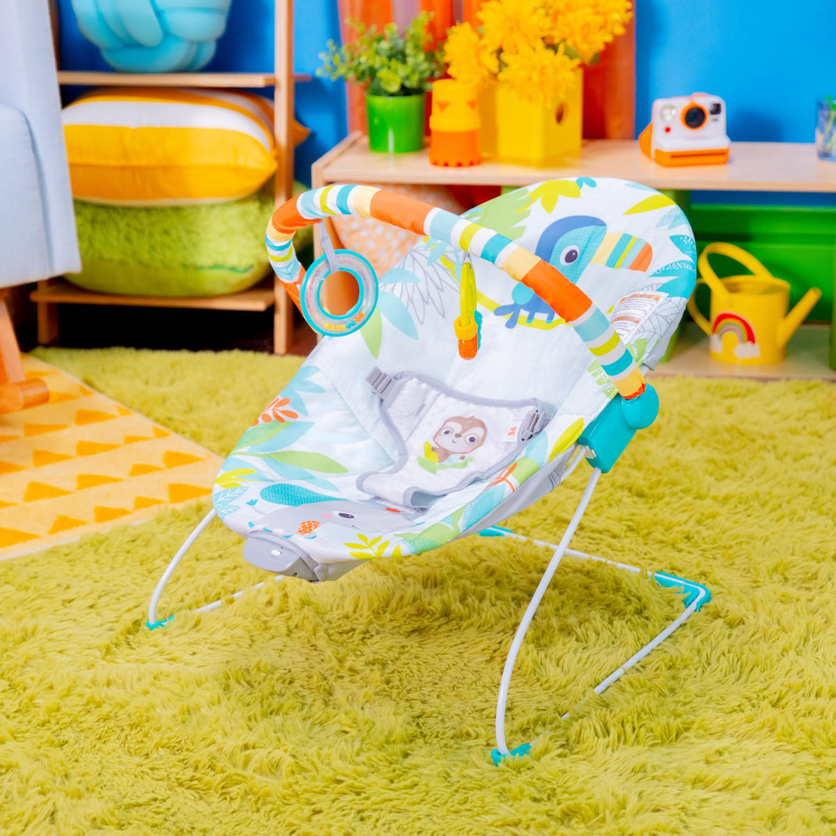 Bright Starts Rainforest Vibes 3-Point Harness Vibrating Baby Bouncer with -Toy bar 🍁 All In One Marketplace Canada