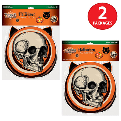 Beistle Set of 6 Plastic Vintage Halloween Cutouts, 10”-12”, Jack-O-Lantern, Cat, and Skull Designs