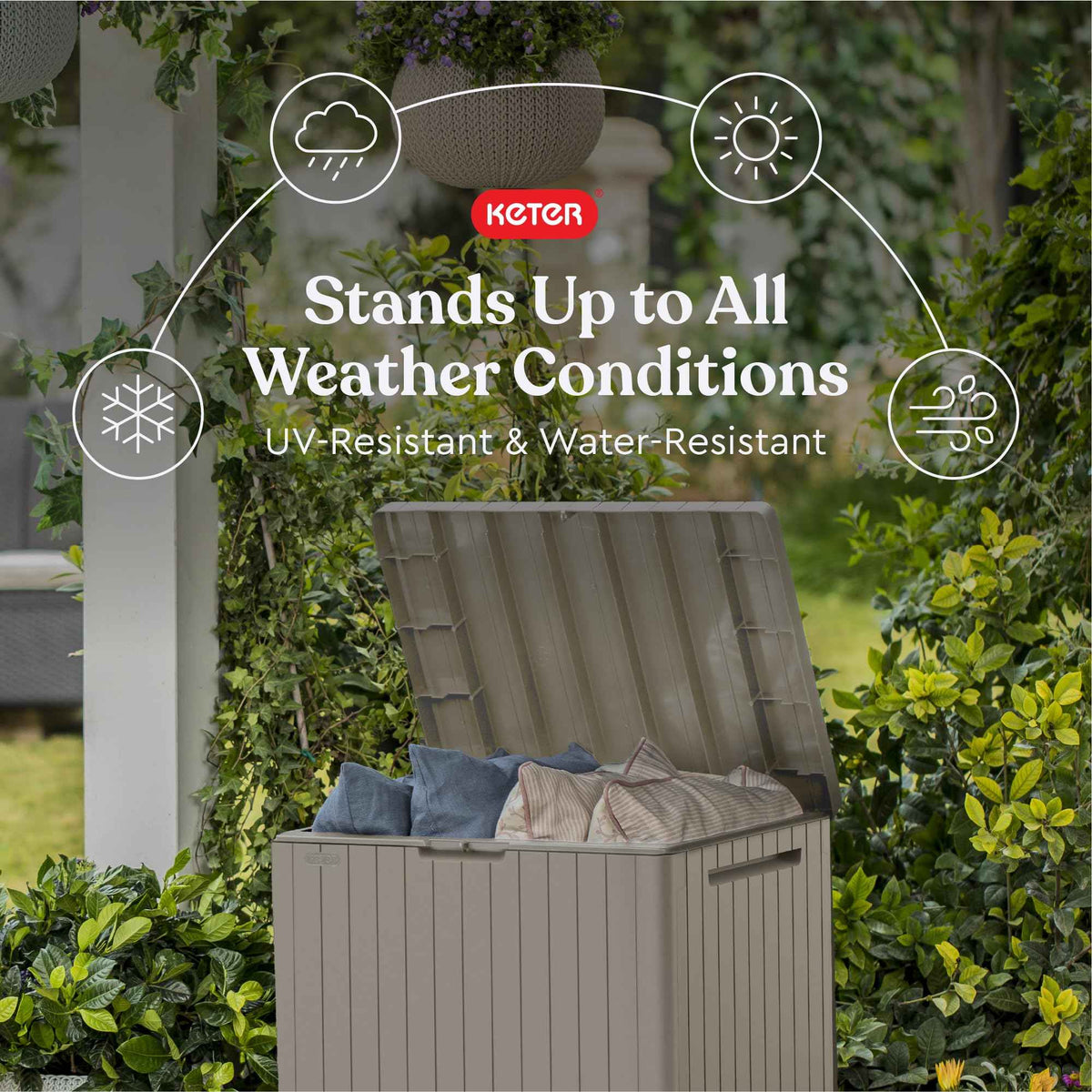 Keter City 30 Gallon Resin Outdoor Storage Box and Patio Furniture Side Table for Pool and Garden Accessories, Beige 🍁 All In One Marketplace Canada