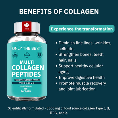 Premium Multi Collagen Peptides Capsules 3000mg - Types I, II, III, V, X To Support Skin, Hair, Nails & Bones - Helps Maintain Strong Joints, Ligaments, Muscles, & Digestive Health* - Hydrolyzed Collagen Supplement 180 Capsules