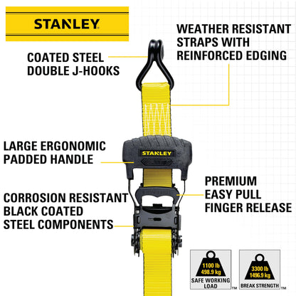 Stanley S1007 Black/Yellow 1.5" x 16' Ratchet Tie Down Straps - Heavy Cargo Securing (3,300 lbs Break Strength), 2 Pack 🍁 All In One Marketplace Canada