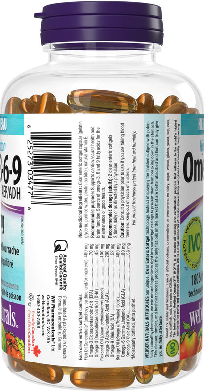Webber Naturals Omega 3-6-9 1,200 mg Fish Oil, 180 Clear Enteric No Fishy Aftertaste Softgels, Supports Cardiovascular Health and Brain Function 🍁 All In One Marketplace Canada