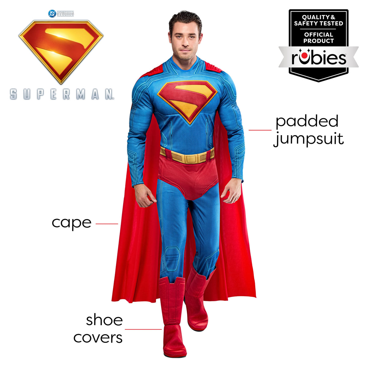 Rubies Men's Superman Deluxe Costume Jumpsuit with Shoe Covers and Cape, for Halloween and Themed Parties, Large