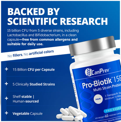 CanPrev Pro-Biotik 15 Billion CFU, 60 V-Caps 60-Day Supply - Non-GMO & Gluten-Free - Advanced Gut Health Formula with 5 Probiotic Strains Supplement - Supports Digestive Balance and Eases Bloating 🍁 All In One Marketplace Canada
