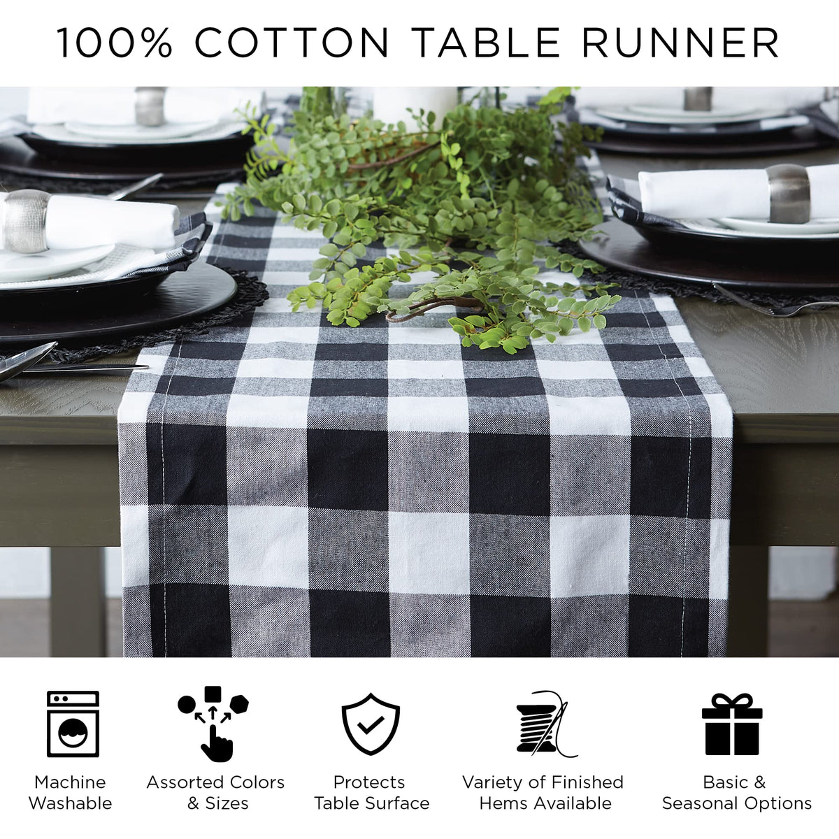 DII 100-Percent Cotton, Machine Washable, Dinner, Halloween Table Runner 14x108", Orange and Black Buffalo Check