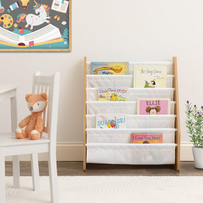 Humble Crew Kids Bookshelf 6-Tier Book Rack Organizer, Extra Large Toddler Bookcase with Fabric Storage Pockets, Front-Facing Display for Children’s Books, White/Natural Wood, Nursery/Playroom Storage 🍁 All In One Marketplace Canada