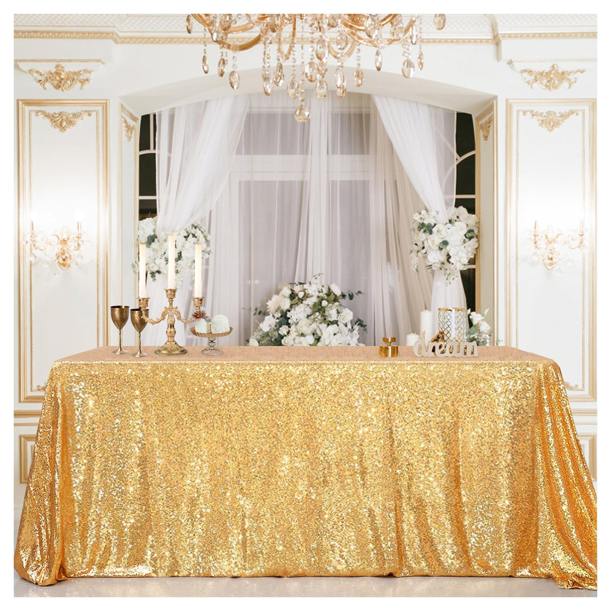 B-Cool Gold Sequin Tablecloth Party Glitter Tablecloth Sparkly Table Cloth 60x102 Inches Rectangle Classy Elegant Tablecloth for Christmas Halloween Theme Parties Table Decorations