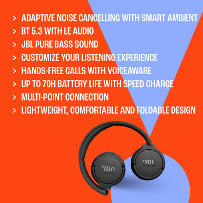 JBL Tune 670NC - Adaptive Noise Cancelling with Smart Ambient Wireless On-Ear Headphones, Up to 70H Battery Life with Speed Charge, Lightweight, Comfortable and Foldable Design (Purple) 🍁 All In One Marketplace Canada