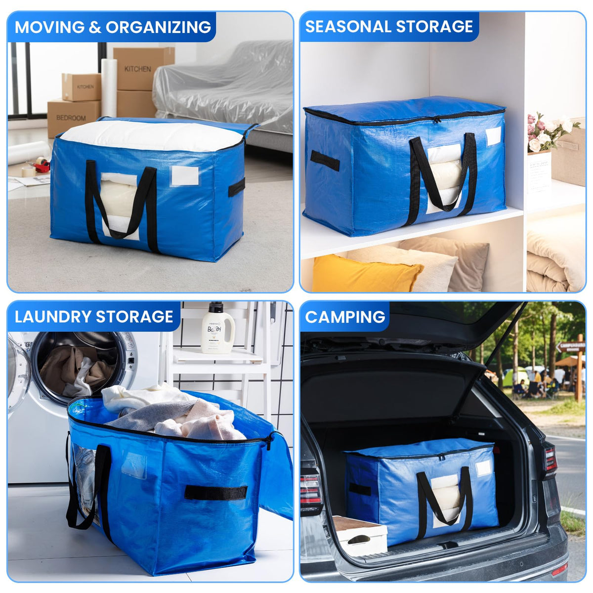 TAILI Extra Large Moving Bags, Heavy Duty Totes for Storage with Visible Window, U-Shaped Around Handles, Storage Contrainer Box for Space Saving, Blue, 4 Pack 🍁 All In One Marketplace Canada