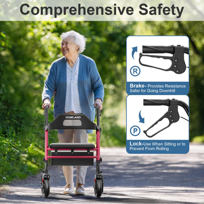 HOMLAND Foldable Rollator Walkers with Seat for Seniors, 8'' Big Wheels, 350 lb. Weight Capacity, Adjustable Handles and Seat Height, Lightweight Rolling Walker, Red 🍁 All In One Marketplace Canada