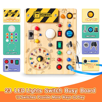 Busy Board Plus Version with 23 LED Lights, Montessori Sensory Fidget Toys for Toddlers 1-3, Wooden Educational Activity for Fine Motor Skills, Quiet Airplane Travel Must Haves for 1 2 3+ Year Old 🍁 All In One Marketplace Canada