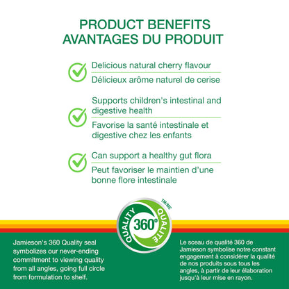 Jamieson Probiotic for Kids, 60 Chewable Tablets, 5 Billion CFU, Natural Cherry Flavour, Digestive and Intestinal Health. Non-GMO, No Artificial Colours, Flavours, or Preservatives, 60 Count 🍁 All In One Marketplace Canada
