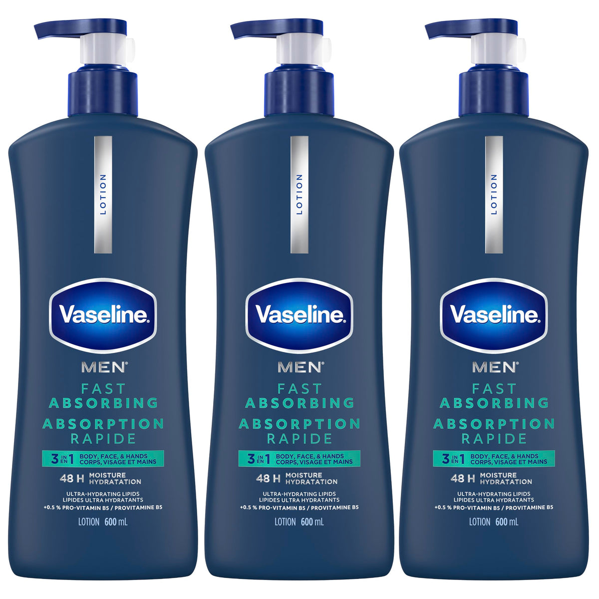 Vaseline Men 3 in 1 Body, Face & Hands Lotion 48 H Dry skin moisturizer, Fast Absorbing with Ultra hydrating lipids, 600 ml (3-pack) 🍁 All In One Marketplace Canada