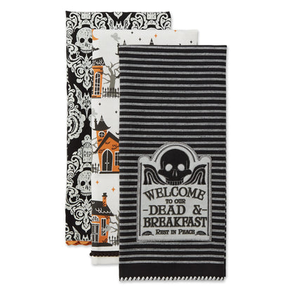 DII Happy Halloween Dishtowel Collection Embellished Cotton Kitchen Hand Towel Set, 18x28, Skull Damask/Haunted House, 3 Count