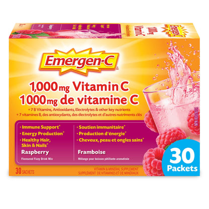Emergen-C® Raspberry (30 Count), 1000mg Vitamin C / Electrolytes / B Vitamins Mineral Supplement 🍁 All In One Marketplace Canada