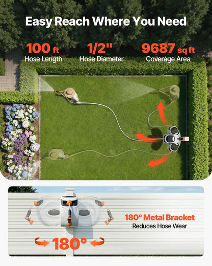 VEVOR Retractable Hose Reel, 100 ft x 1/2 inch, 180° Swivel Bracket Wall-Mounted, Garden Water Hose Reel with 9-Pattern Nozzle, Automatic Rewind, Lock at Any Length, and Slow Return System 🍁 All In One Marketplace Canada