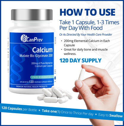 CanPrev Calcium Malate Bis-Glycinate Supplement, 120 Capsules 120-Day Supply - Therapeutic 200mg Elemental - Ideal for Healthy Bones, Teeth, Muscle Cramps and Promote Relaxation - Vegan and Non-GMO 🍁 All In One Marketplace Canada