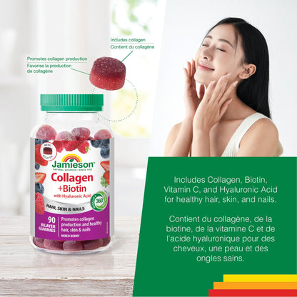 Jamieson Collagen and Biotin Bilayer Gummy with Hyaluronic Acid and Vitamin C, Mixed Berry Flavour, Healthy Hair, Skin & Nails, Supports Collagen Production, Source of Antioxidants, Beauty Gummy, NON-GMO, No Gluten, No Lactose, No Artificial Colours, Flav