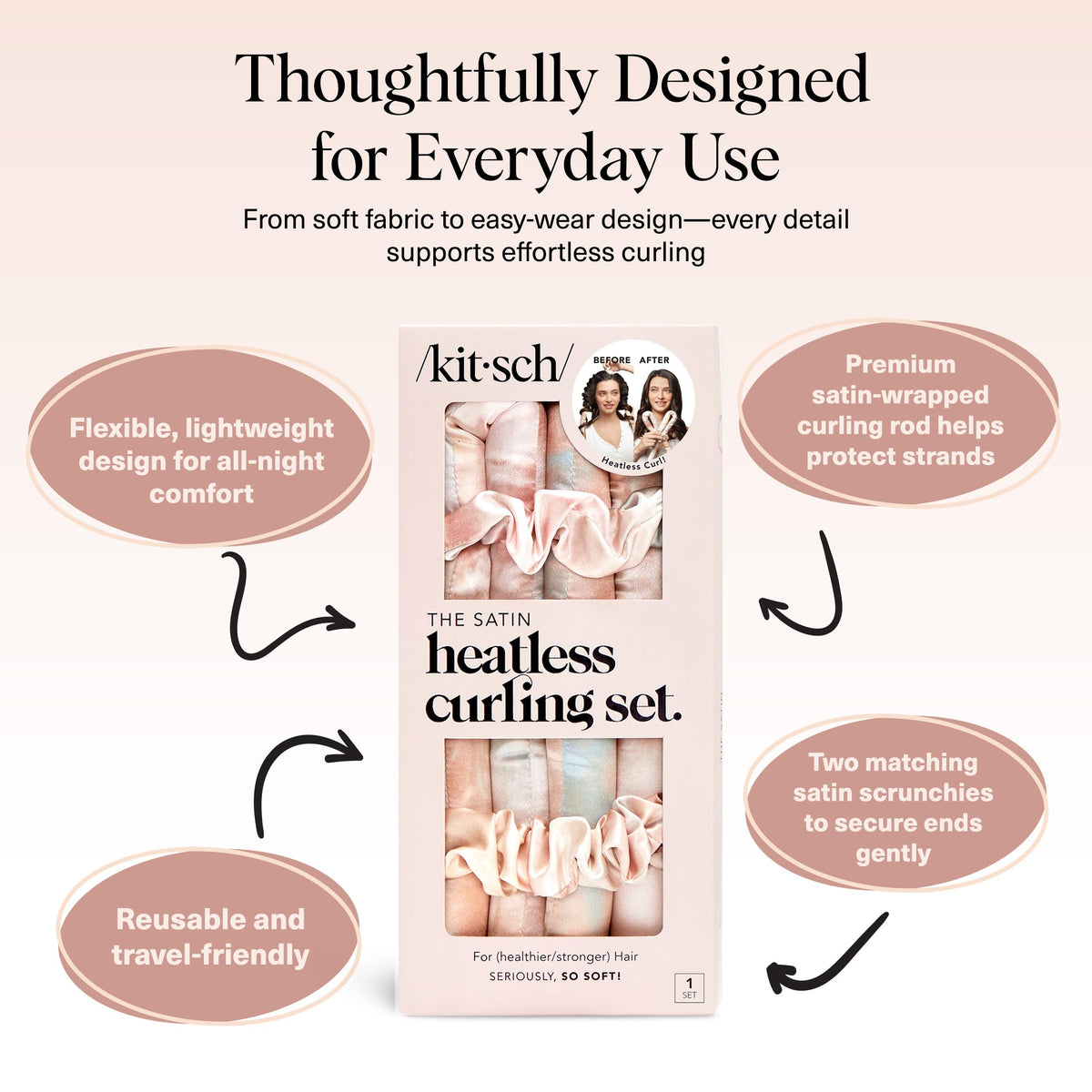 Kitsch Satin Heatless Curlers Set – Heatless Curls Overnight w/ 34" Hair Waver & 2 Satin Hair Scrunchies, Comfortable Hair Curlers to Sleep In for Frizz-Free, No Heat Damage Styling - Sunset Tie Dye 🍁 All In One Marketplace Canada
