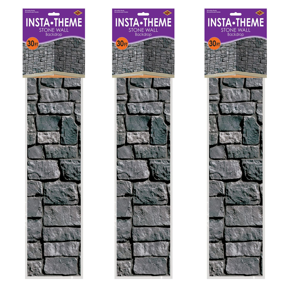 Beistle Stone Wall Backdrop 3-Count – Extra Large 4' x 30' Plastic Medieval Wall Decorations for Halloween Parties, Castle-Themed Events, Haunted Houses, Fantasy Photo Backgrounds