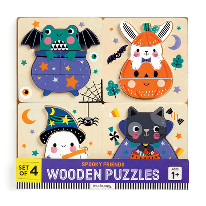 Mudpuppy Halloween – Set of 4 Wooden 4 Piece Puzzles Featuring A Colorful Halloween Scene with Adorable Characters