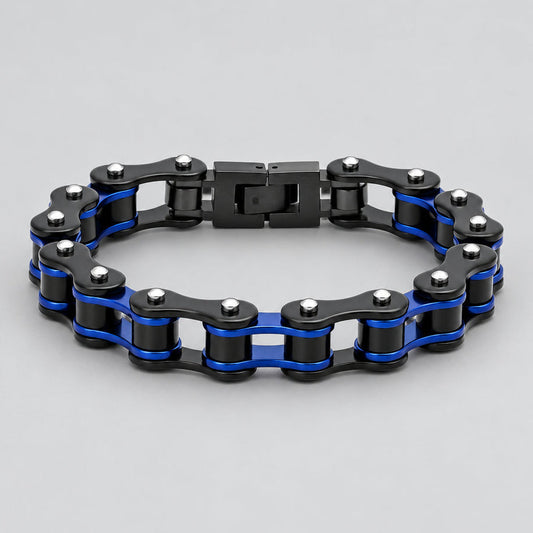 Men’s Two-Tone Black & Blue IP Stainless Steel Bicycle Chain Link Biker Bracelet