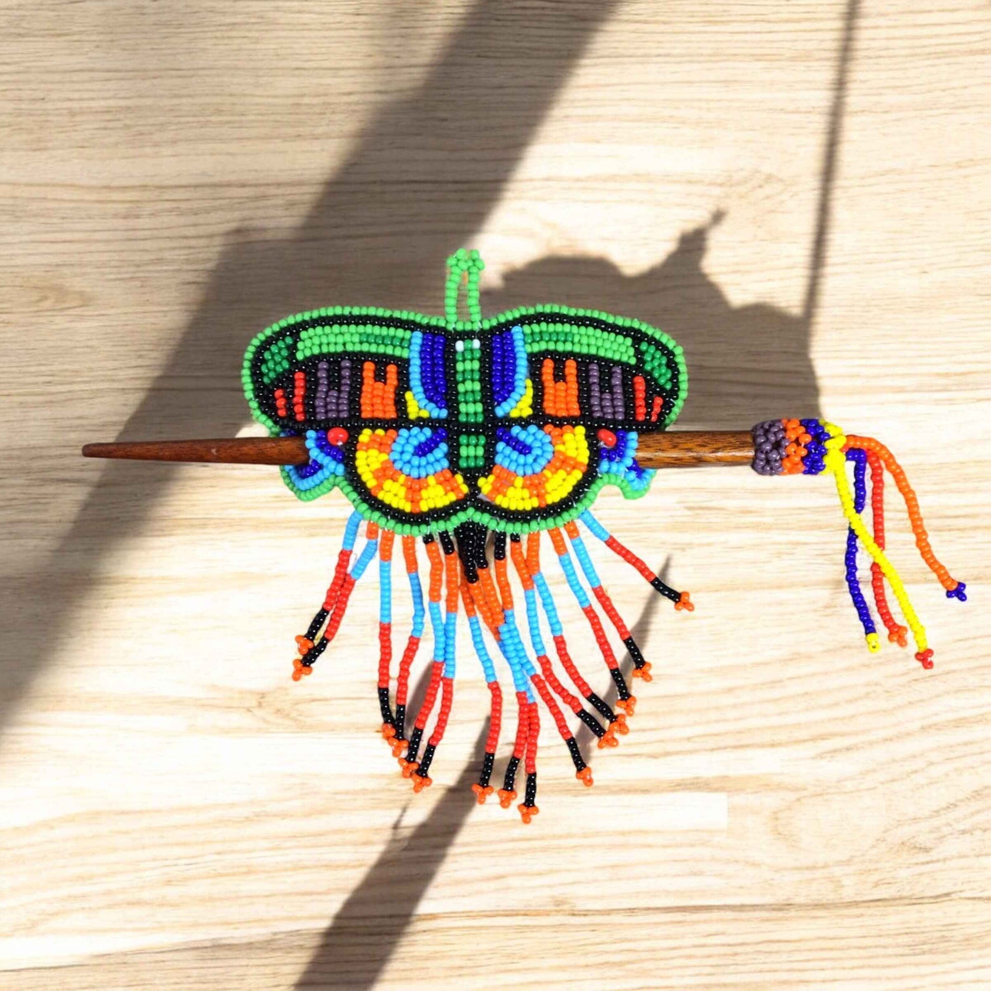 Red and Green Wooden Stick Butterfly Beaded Barrette with Fringes