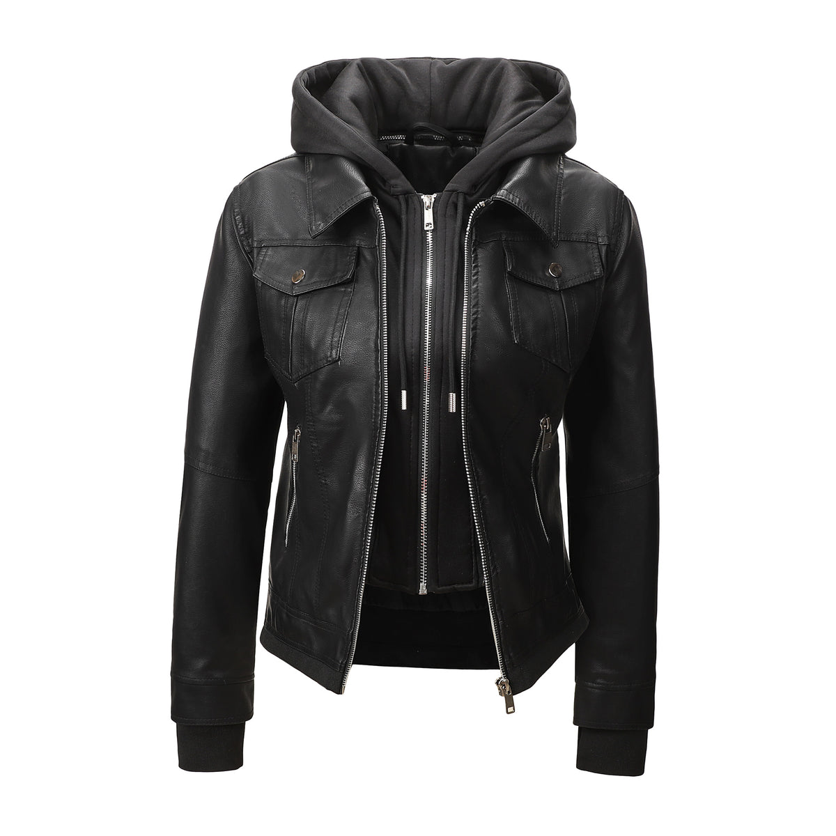 Women’s Faux Leather Biker Jacket with Detachable Hood – Slim-Fit Waist-Cinching Motorcycle Coat
