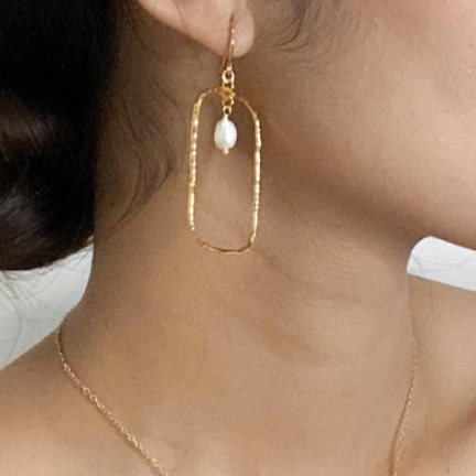 Hammered Gold Rectangle Earrings With Pearl In Gold Plate