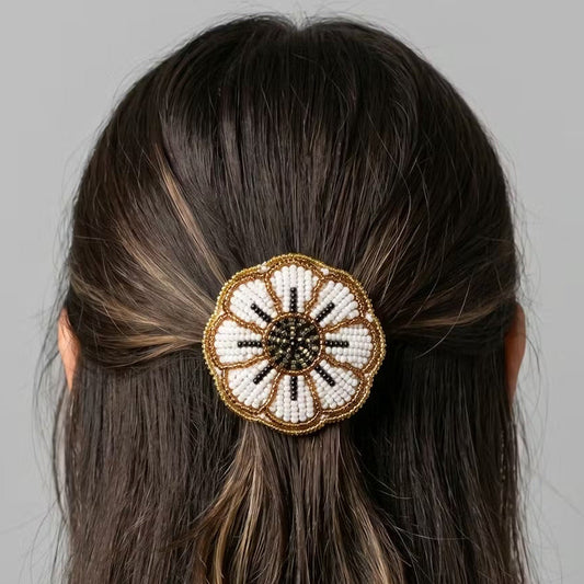 White Beaded Flower Barrette