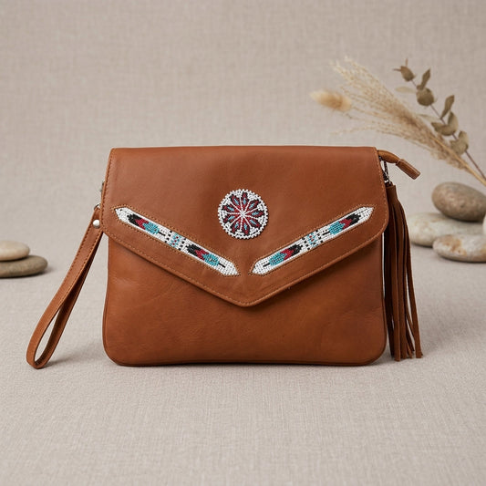Leather beaded Crossbody bag(Brown)