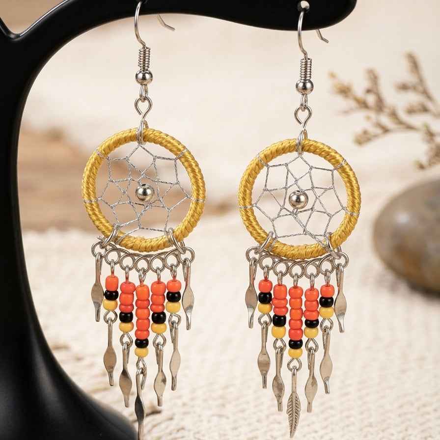 Light gold Beaded Dreamcatcher earrings