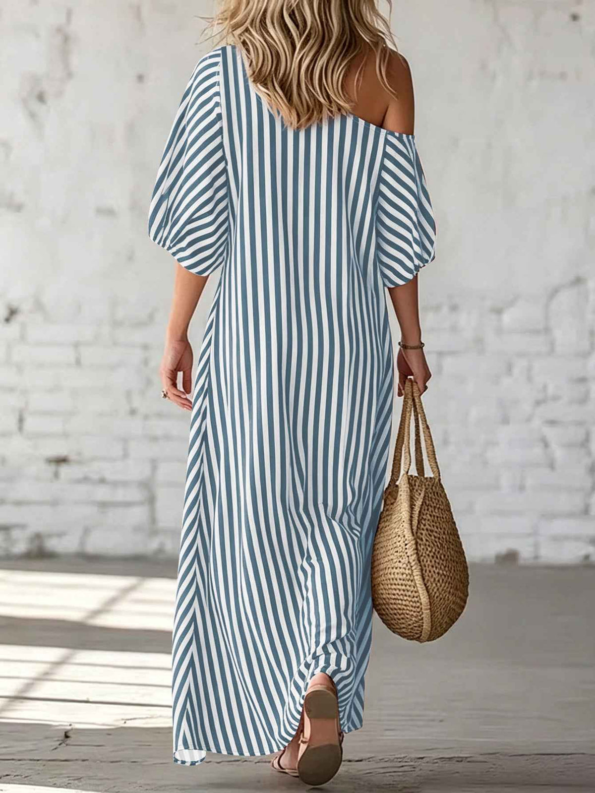 Asymmetrical One-Shoulder Striped Maxi Dress – Puff Sleeve Ruffle Hem Loose Vacation Dress with Pockets