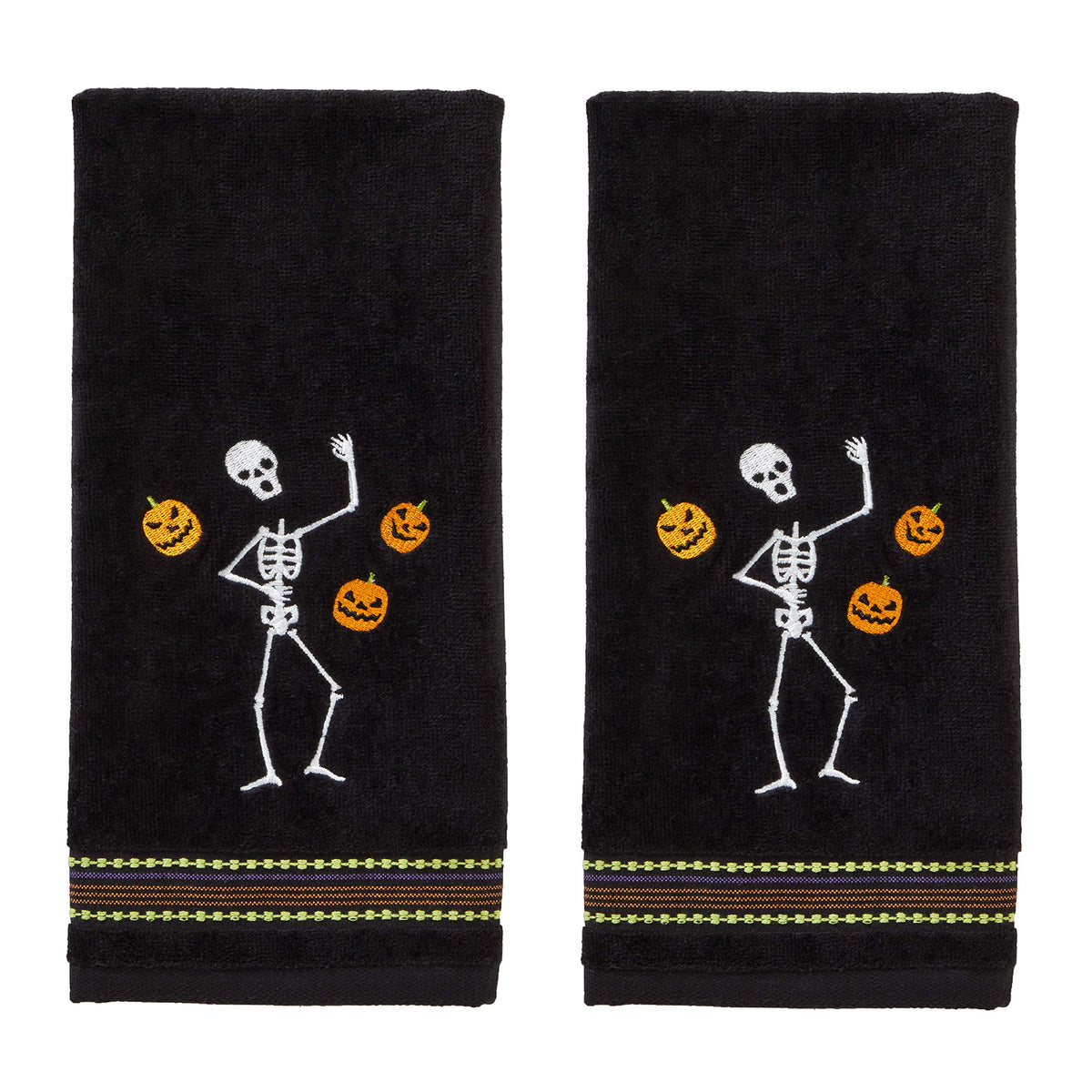 SKL Home Halloween Juggling Skeleton 100% Cotton Embroidered 2pc Hand Towel Set, Decorative for Bath/Kitchen/Bar & Gift, Black