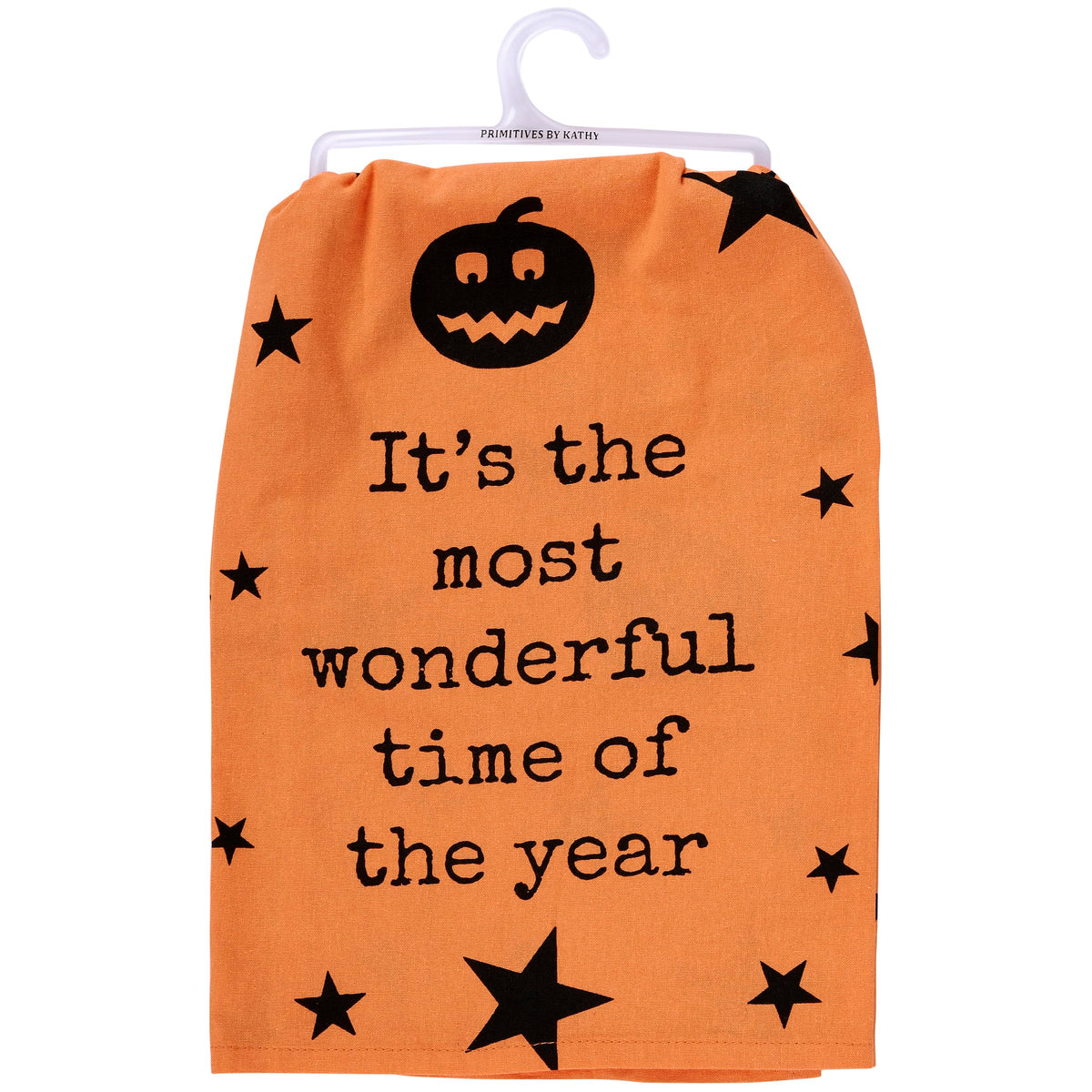 Primitives by Kathy Decorative Kitchen Towel, from Our Halloween Collection has an All-Over Design of Jack o'lanterns & Stars with a Fun Halloween Sentiment It's The Most Wonderful Time of The Year
